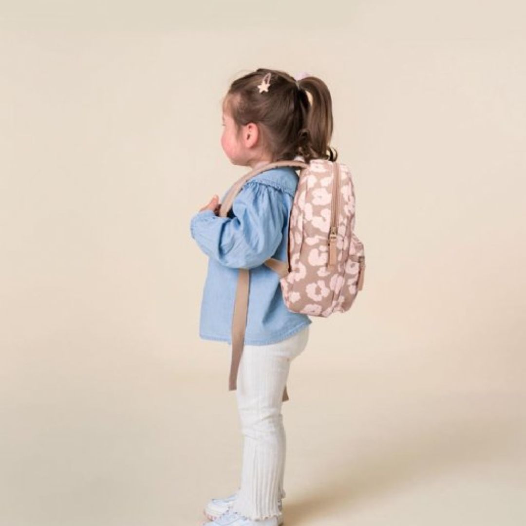 Kleuterboekentas beige met lichtroze bloem