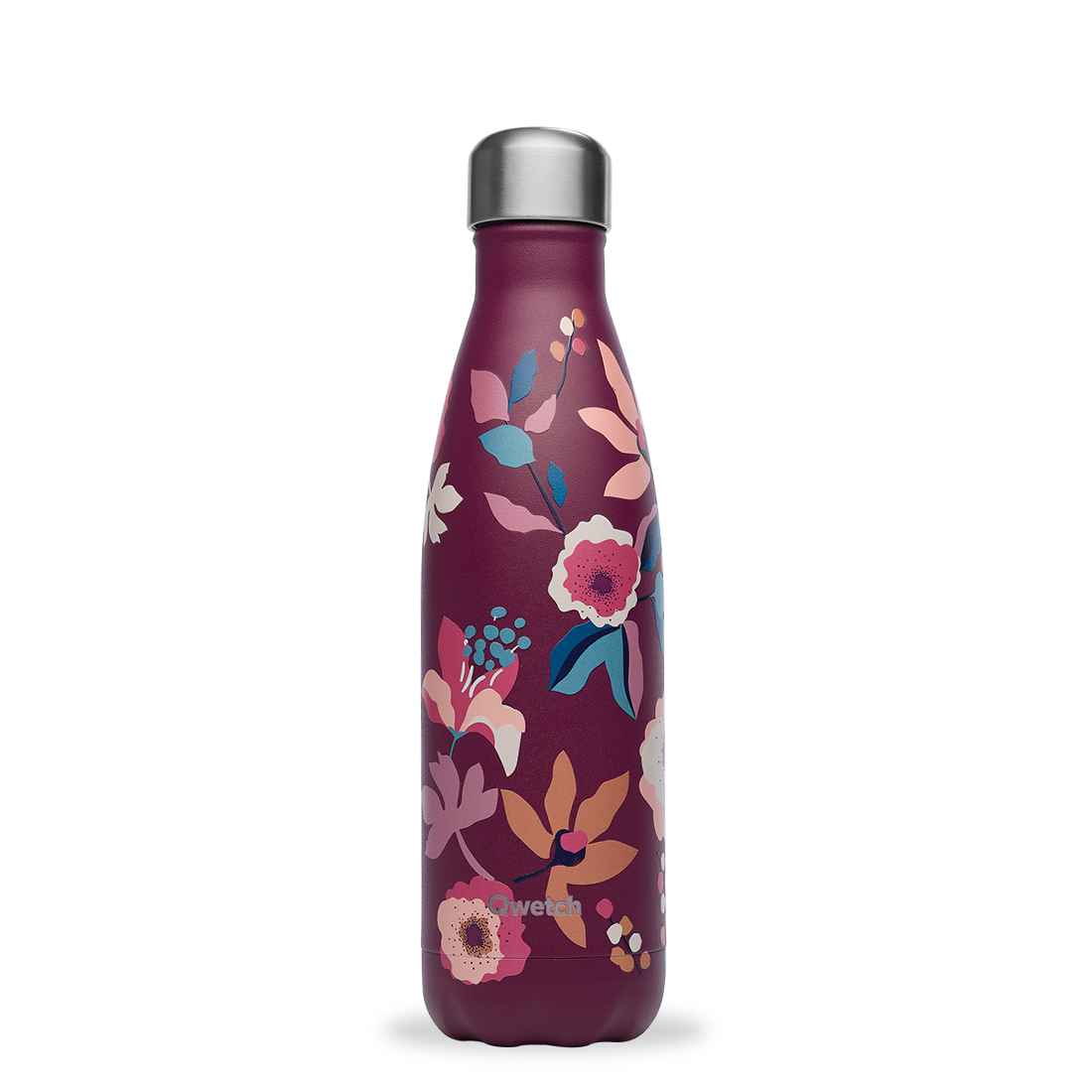thermosfles paars met bloemen halve liter roestvrij staal